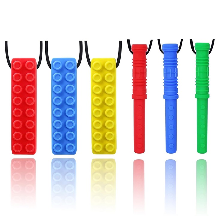Set 6 coliere senzoriale pentru mestecat, GNAWRISHING, silicon durabil, forme variate, multicolor