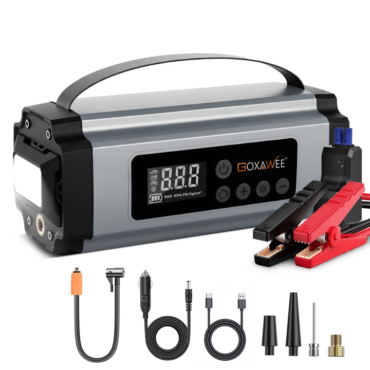 Autó kompresszor booster funkcióval, Goxawee, A214, 8000A, 12V, 3 LED világítási mód, 150PSI, Hordozható, 9.0L benzinmotorhoz/8.0L dízelmotorhoz, Fekete/Ezüst