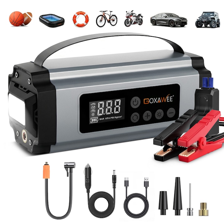 Compresor auto cu functie booster, Goxawee, A214, 8000A, 12V, 3 moduri de lumina LED, 150PSI, Portabil, Pentru 9.0L Motor Benzina/8.0L Diesel, Negru/Argintiu