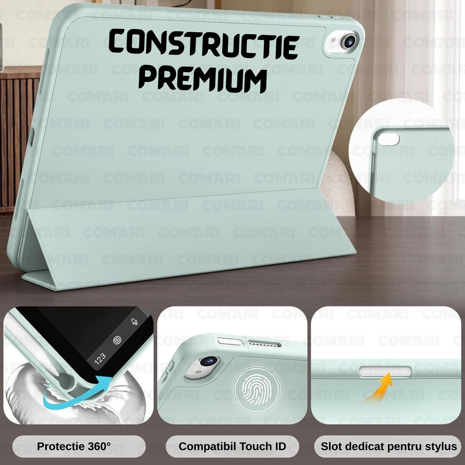 Husa pentru iPad Air 11 (2024) / Air 11 (2025) Comari® EliteCover, protectie completa, functie stand trifold, suport stylus integrat, design elegant tip carte, Verde Matcha