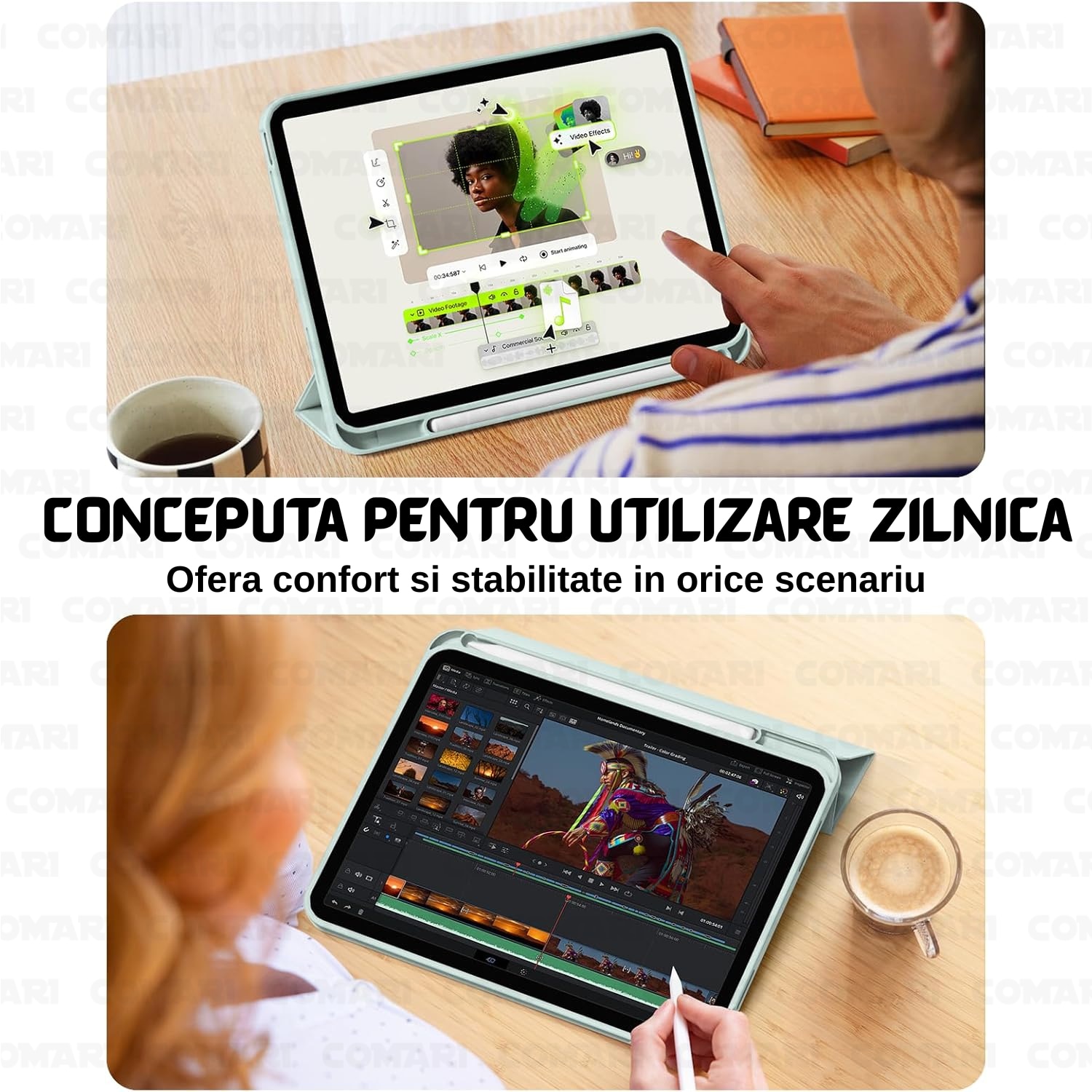 Husa pentru iPad Air 11 (2024) / Air 11 (2025) Comari® EliteCover, protectie completa, functie stand trifold, suport stylus integrat, design elegant tip carte, Verde Matcha