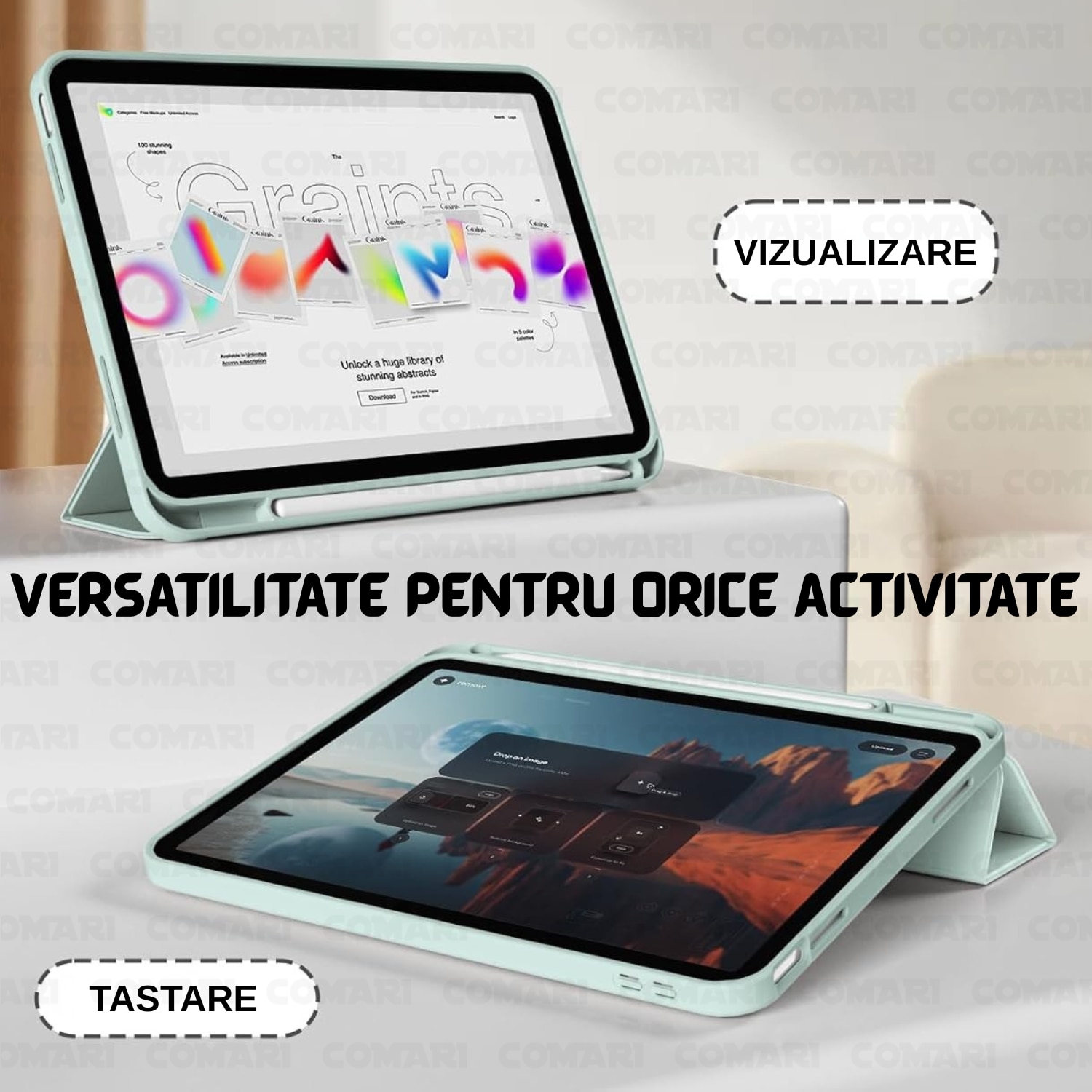 Husa pentru iPad Air 11 (2024) / Air 11 (2025) Comari® EliteCover, protectie completa, functie stand trifold, suport stylus integrat, design elegant tip carte, Verde Matcha