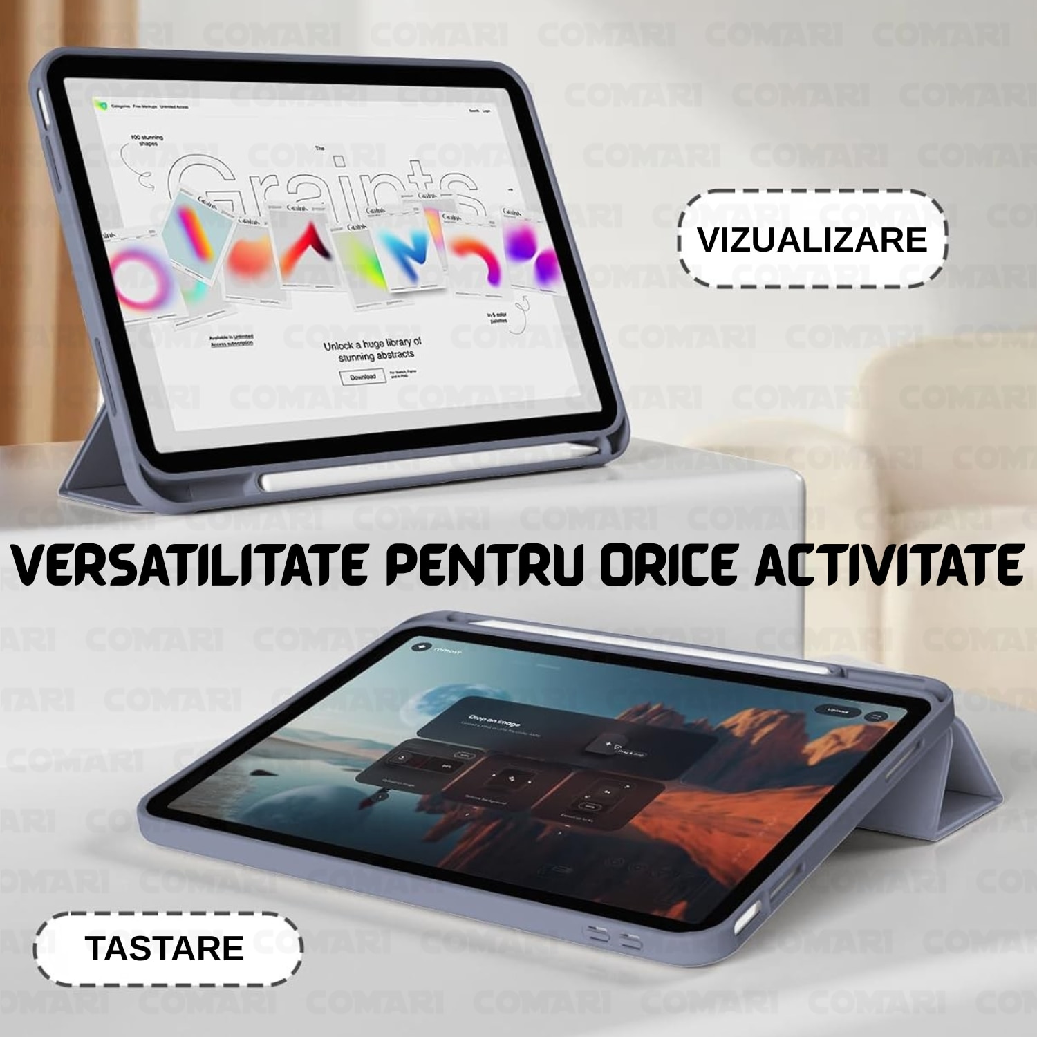 Husa pentru iPad Air 11 (2024) / Air 11 (2025) Comari® EliteCover, protectie completa, functie stand trifold, suport stylus integrat, design elegant tip carte, Mov