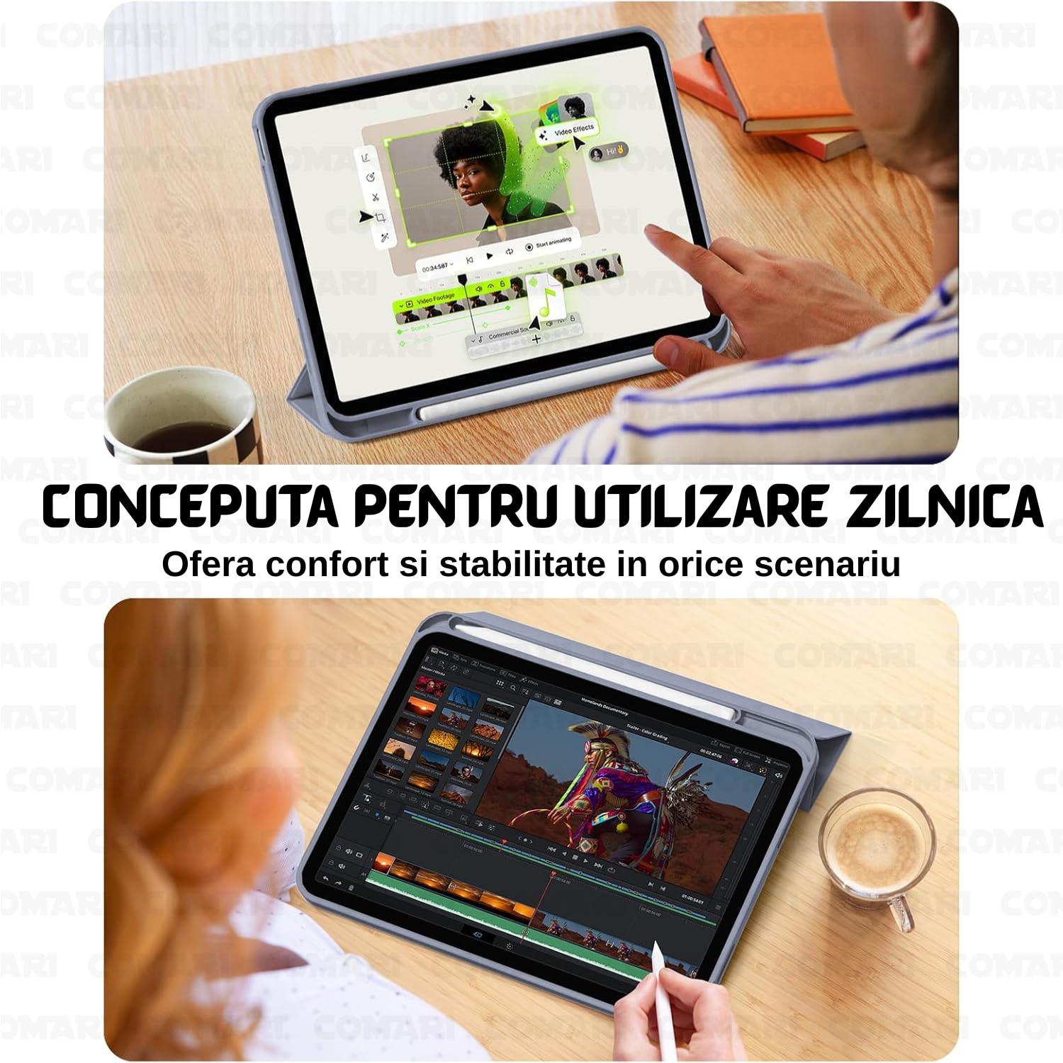 Husa pentru iPad Air 11 (2024) / Air 11 (2025) Comari® EliteCover, protectie completa, functie stand trifold, suport stylus integrat, design elegant tip carte, Mov