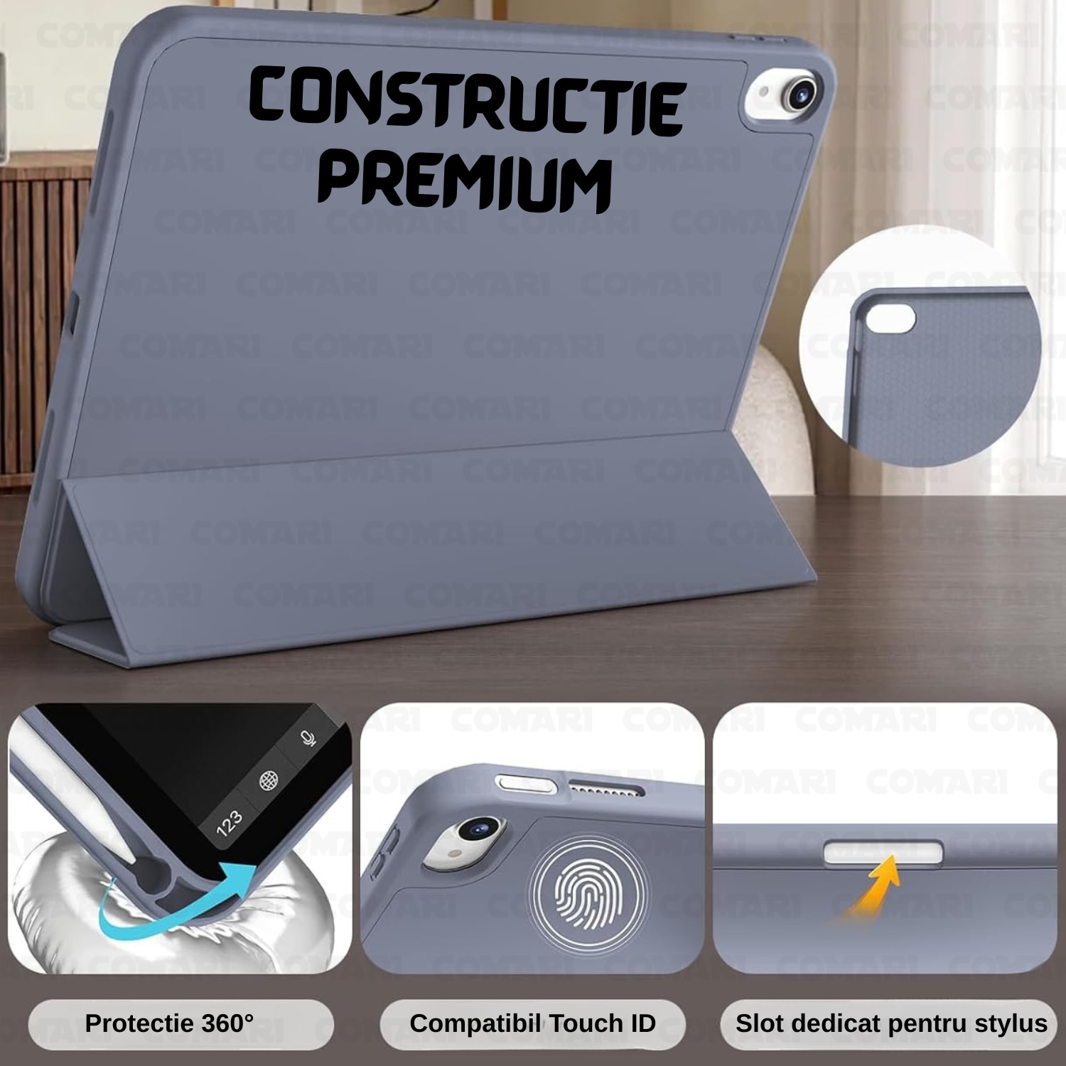 Husa pentru iPad Air 11 (2024) / Air 11 (2025) Comari® EliteCover, protectie completa, functie stand trifold, suport stylus integrat, design elegant tip carte, Mov
