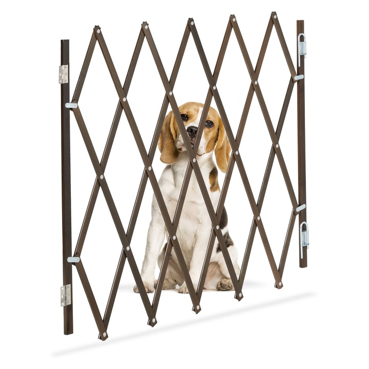 Gard de siguranta pentru copii si animale de companie Relaxdays, lungime maxima 118 cm, din bambus/metal, pliabil, Maro