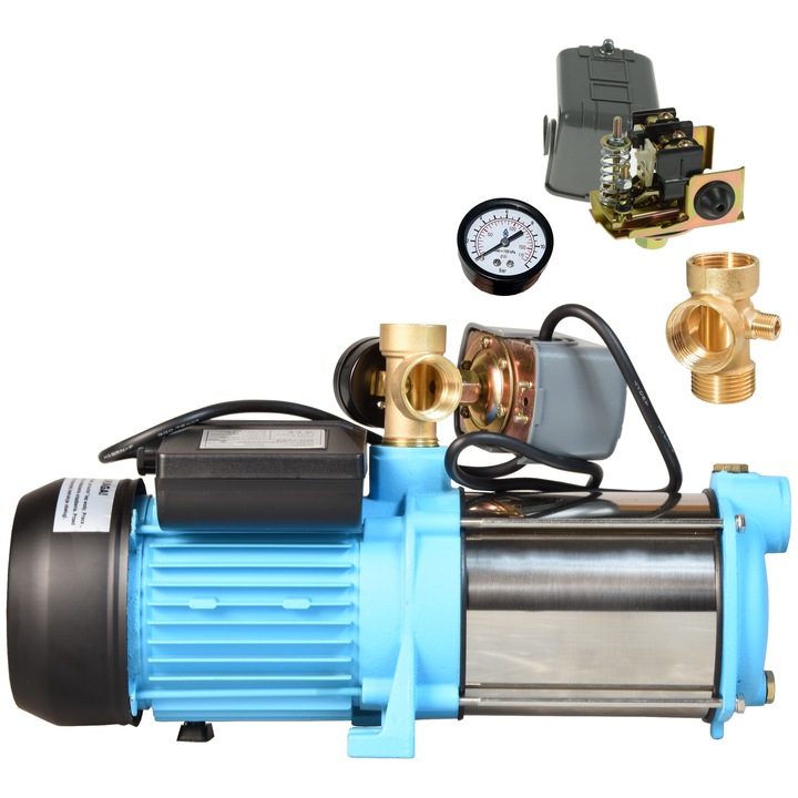 Повърхностна помпа ALUVRA MAX-H 1300, INOX, с 5 работни колела, 1300 W, дебит 6000 л/ч, напор 55 м, 5.5 бара, с аксесоари за хидрофор, манометър, пресостат, петопътен фитинг