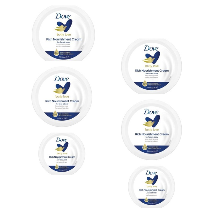 Set 6 X Crema de față și corp Dove Body Love Rich Nourishment, 75 ml, tip ten mixt