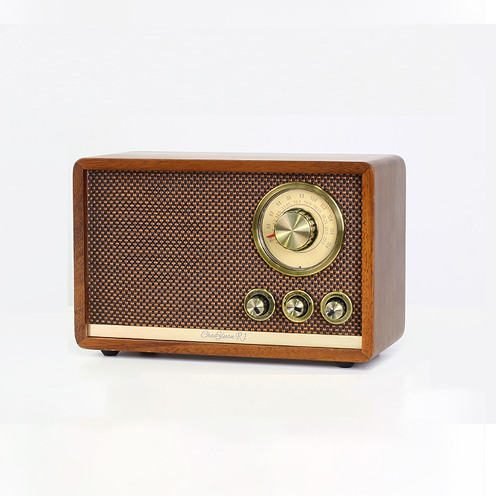 Choyong R1 hordozható Bluetooth hangszóró, vintage tömör diófa rádió, SW/FM, elemes tápellátás