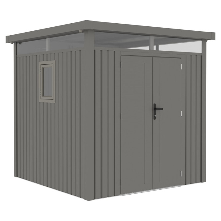 Casuta / magazie de gradina premium metalica, Wertcraft Anna-B Gri Aluminiu, dimensiuni 230x230x222 cm, cu fereastra si baza metalica