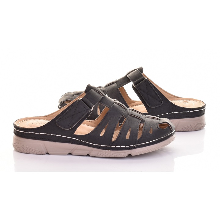 Papuci dama Martinus, negru, piele ecologica, foarte usori, cu velcro