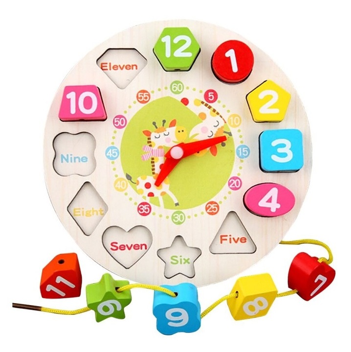 Toyska® Giráf 2 az 1-ben fa oktatójáték óra, 12 részes, többszínű