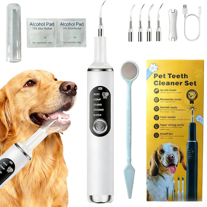 Állatfogtisztító készülék, fehér, 6 tisztítási mód, IPX7 vízálló, foghigiéniai készlet, kutyáknak és macskáknak