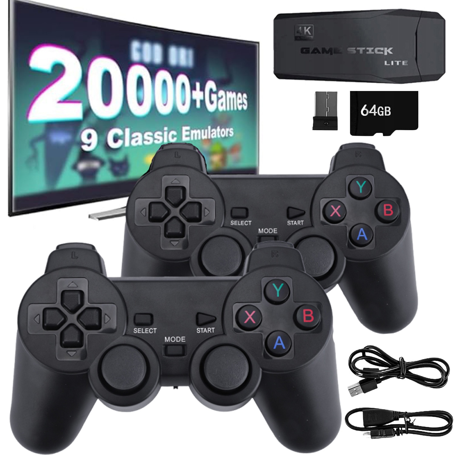 Set consola jocuri de jocuri retro, AKKEE, Portabila, cu 20000 de jocuri incorporate, cu 2 controler wireless, HDMI, USB wireless 2.4 GHz, 64GB, Plug si Play, Consola de jocuri retro, Negru