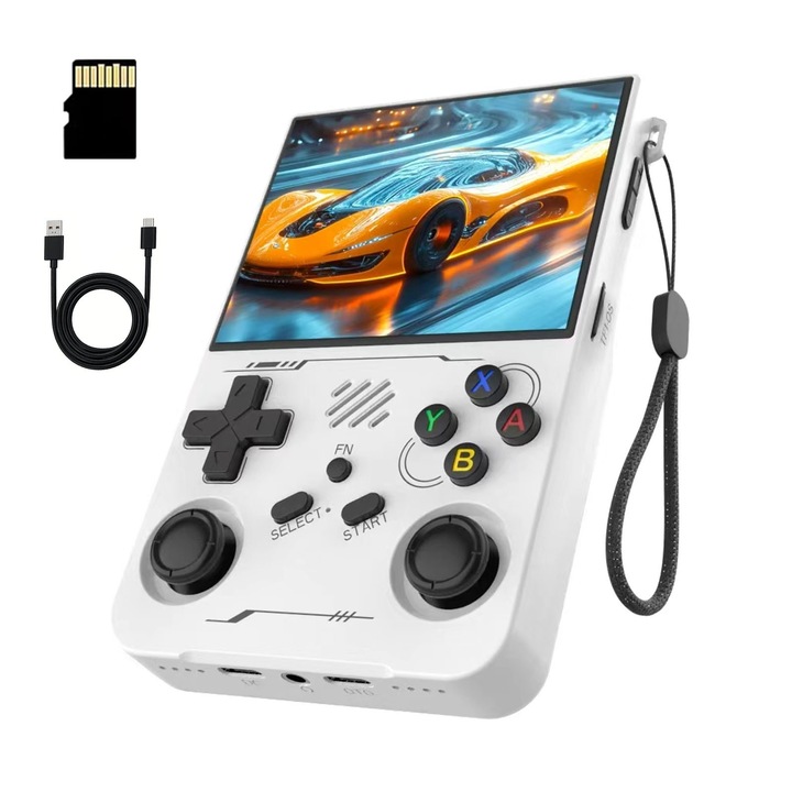Consola cu jocuri retro portabila, asskanaer, Consola portabila cu card incorporat de 64 GB, Model nou R36XX, Ecran HD de 640x480, Joystick-uri 3D, Incorporat 15000+ jocuri, Suporta 11 de emulatoare, Ubs, 16.5*10.5*4.5 cm, Alb
