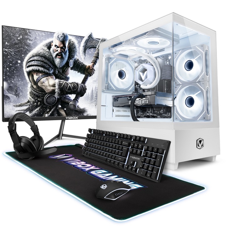 PC Gaming Vibox IV-8, AMD Ryzen 7 5700X, NVIDIA GeForce RTX 3050, 16 GB RAM, 500 GB SSD, Alb, 23" Monitor, Set complet