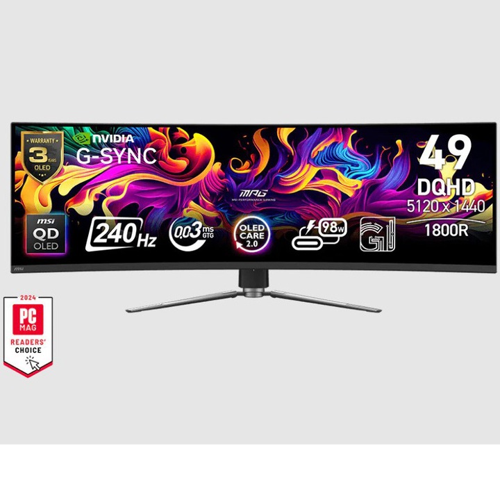Monitor Gaming MSI MPG 491CQPX QD-OLED, 49", DQHD (5120x1440), Curbura 1800R, 240Hz, 0.03ms GtG, G-Sync Compatible, DisplayHDR True Black 400, 2x HDMI™ 2.1, USB, DisplayPort 1.4a, USB Type-C (DP) 98W, Negru