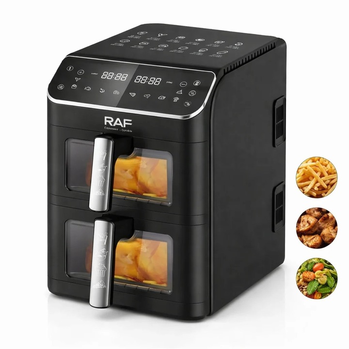 Friteuza cu Aer Cald Dubla Raf 2800W, Capacitate 12L, Control Digital, Negru