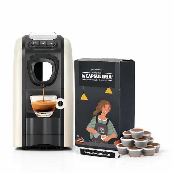 Espressor capsule La Capsuleria White, 19 bari, 1100 W, rezervor 1 l, Alb, 10 capsule cadou