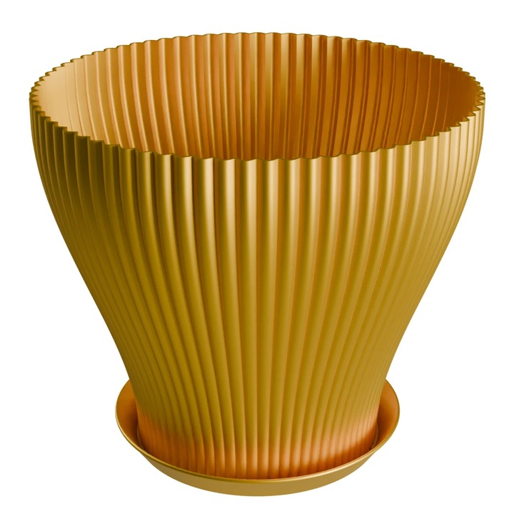 Ghiveci Decorativ Cozy Waves Pentru Interior, Cu Farfurie, Auriu, Diametru 24 cm