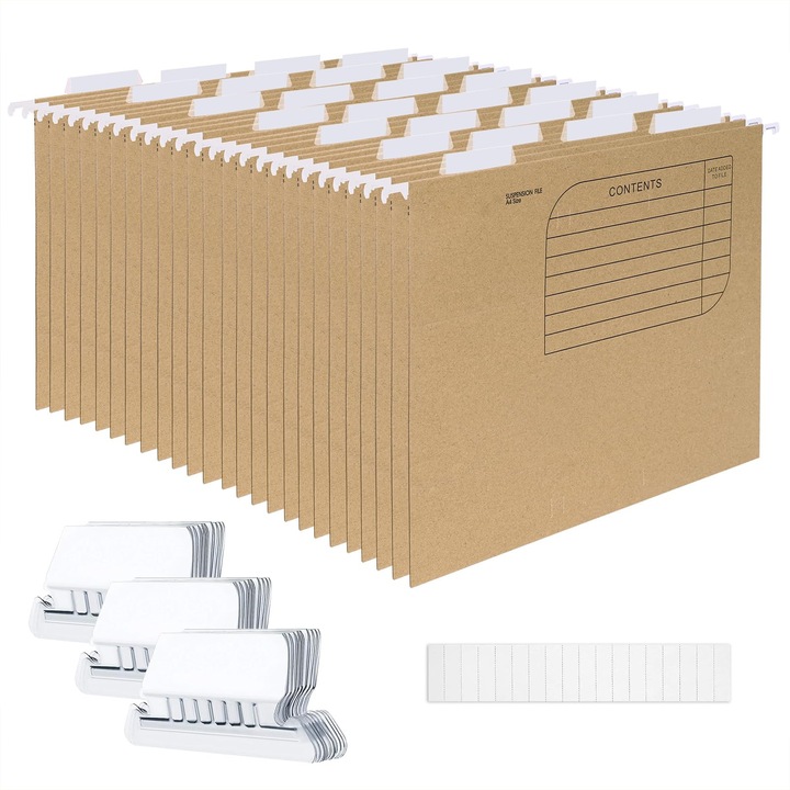 Set de 25 dosare suspendate Srvnpioy A4 din hartie kraft, cu etichete transparente si card index, pentru birou, scoala sau acasa, culoare maro