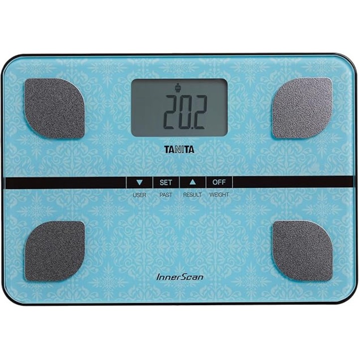TANITA BC-732 Cantar Analiza Corporala pentru Familie, Design Compact din Sticla, Light Blue Paisley, Masuratori Grasime, Masa Musculara si Apa Corporala