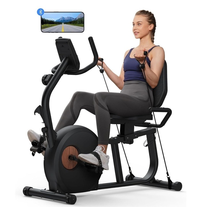 Bicicletă orizontală Merach MR-S23, 8 nivele de rezistență, benzi elastice, neagră, 113, 54x23, 88x50, 8 cm, set antrenament complet