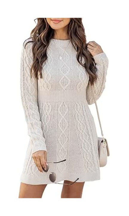 Ebifin női ruha, tunika, elegáns, téli, kerek nyakú és A-vonalú szabású, bézs, S méret