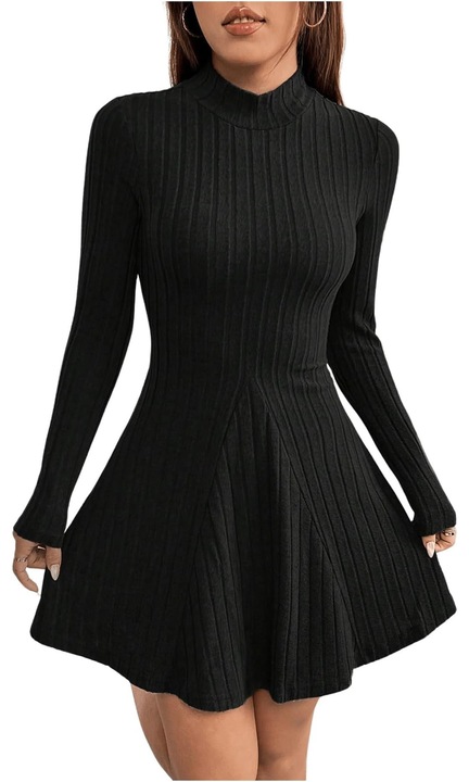 Női A-vonalú skater miniruha, hosszú ujjú, fekete, S méret