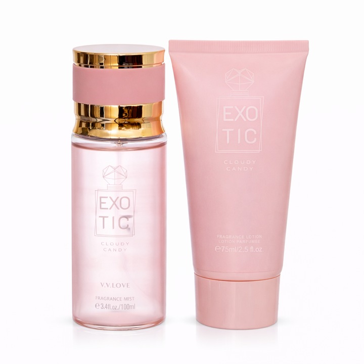 Caseta cadou femei, Exotic Cloudy Candy, parfum 100 ml + loțiune de corp 75 ml, V.V.LOVE
