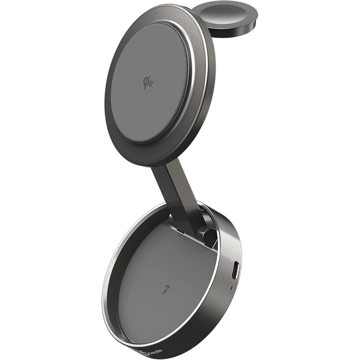 Încărcător wireless 3-in-1 J5create Qi2 JUPW3515, încărcare rapidă 15W, suport reglabil, bază rotativă 360, negru