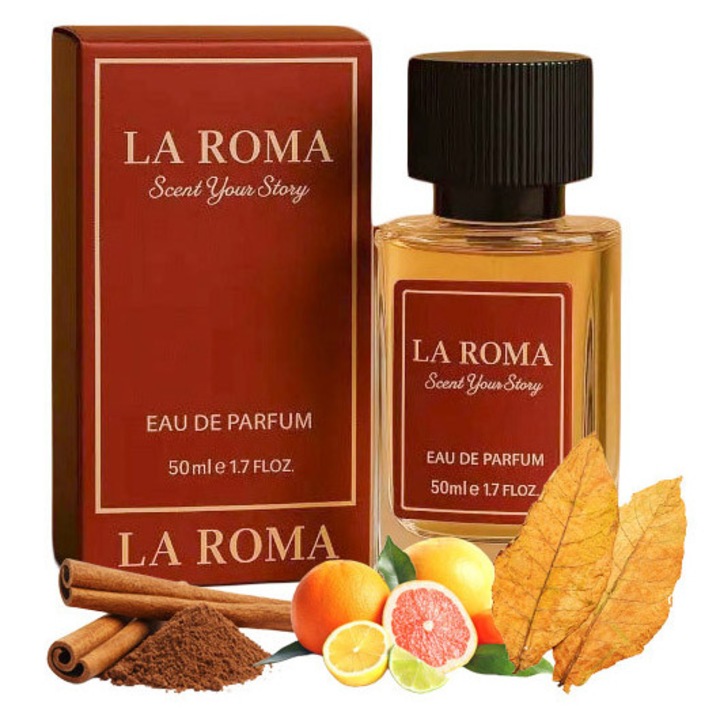 Apa de Parfum pentru barbati La Roma M-8 Spicy, pentru barbatul intens, dominant, rafinat, oriental/condimentat, scortisoara, tabac si note lemnoase, 50ml