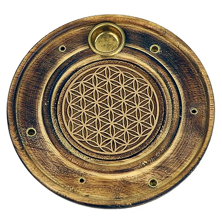 Füstölőtartó, Yogi & Yogini Naturals, Élet Virága, indiai szilfa, 10cm, barna