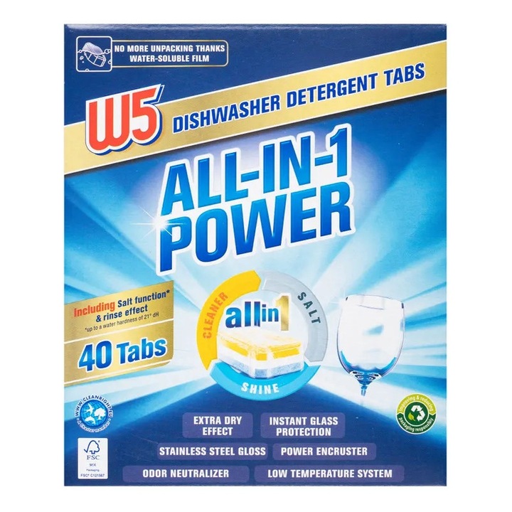 W5 All in 1 mosogatógép tabletta 40 db, prémium, erős és kíméletes, aktív szer a makacs szennyeződésekhez