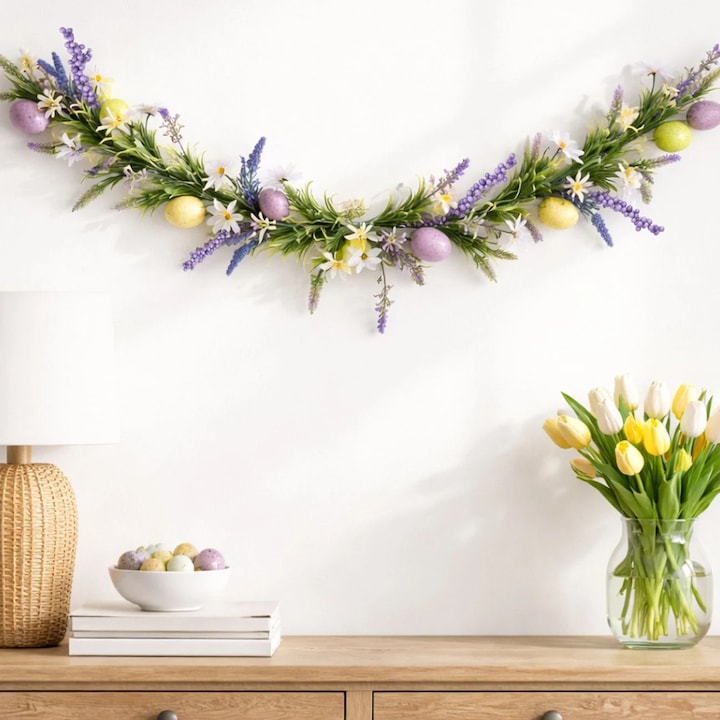 Ghirlanda Decorativa Paste Cu Oua Colorate Margarete Si Lavanda 150cm Decoratiune Perete Masa Primavara Shopiens