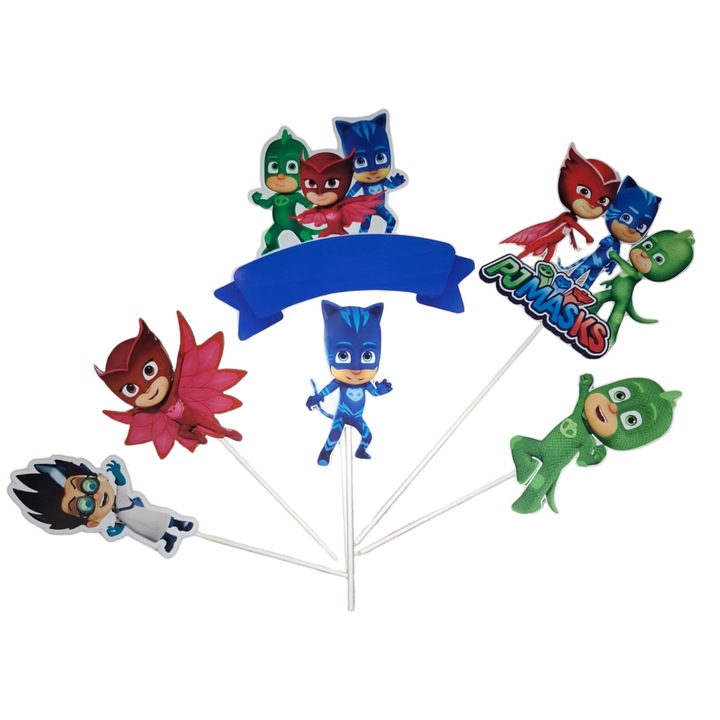 Decoratiune topper tort carton, tematica Eroii in pijama, aniversare - 6 piese