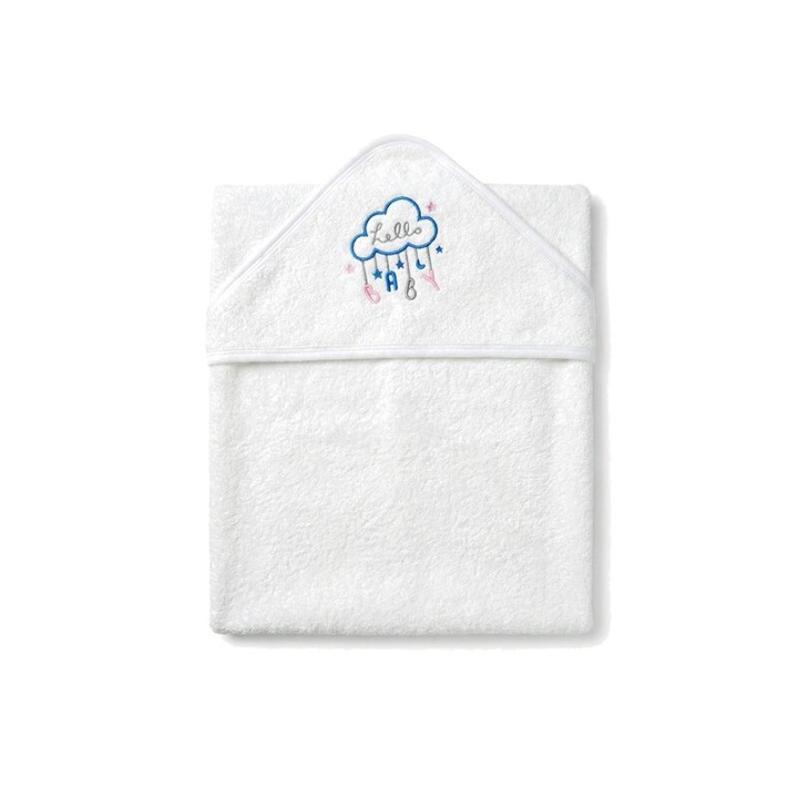 Prosop cu gluga, hello baby, bumbac, alb, 80x100 cm