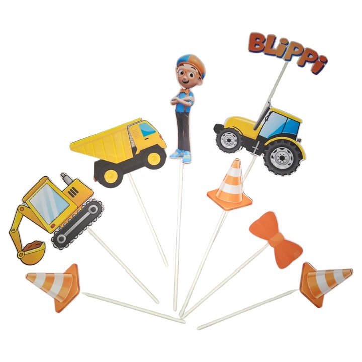Decoratiune topper tort carton, tematica Blippi, aniversare - 9 piese