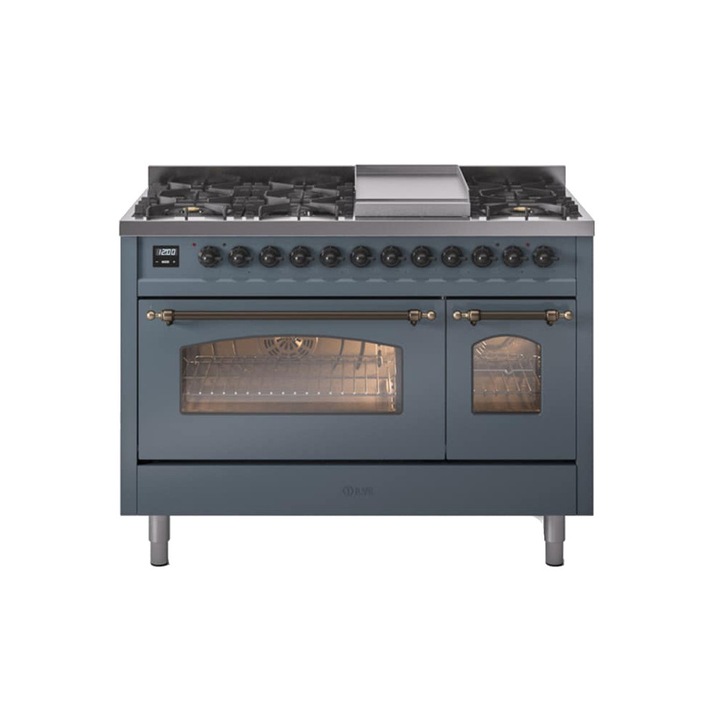 Aragaz pe gaz premium ILVE, Nostalgie, 120 cm, clasa A+, 6 arzatoare, plita Fry Top, 2 cuptoare electrice 140 litri, design vintage, timer, usa cuptor cu 3 straturi de sticla, gatire ECO, dezghetare, 15 functii de gatire multiple, albastru petrol/bronz