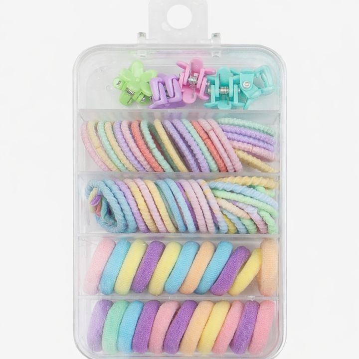 Комплект от 2 кутии с аксесоари за коса с ластик 2 см, спираловиден ластик, тънък ластик и 10 разноцветни щипки с цветя