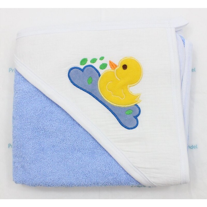 Prosop cu gluga, little duck, muselina si bumbac, albastru, 80x100 cm