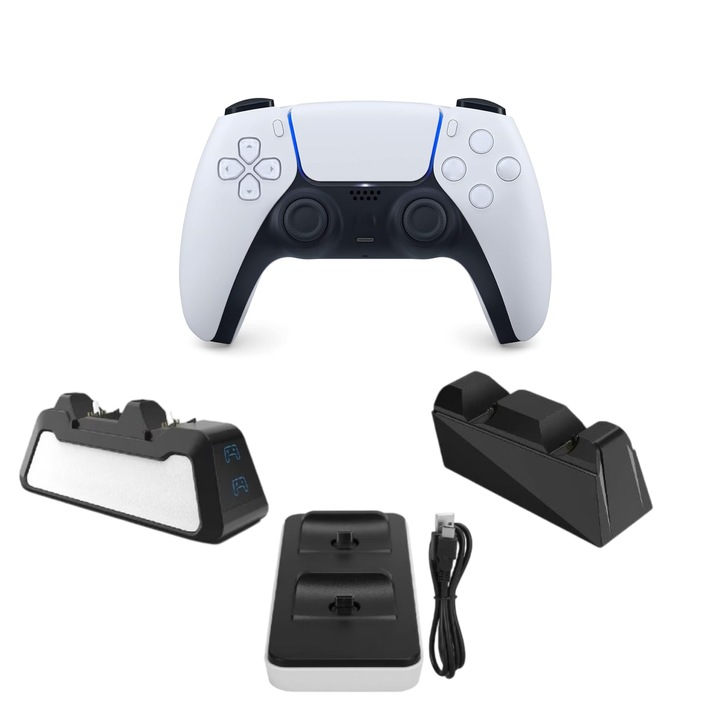 Set Controller Wireless PS5 cu Încărcător Dual, Alb, Ecran Tactil, USB Type-C