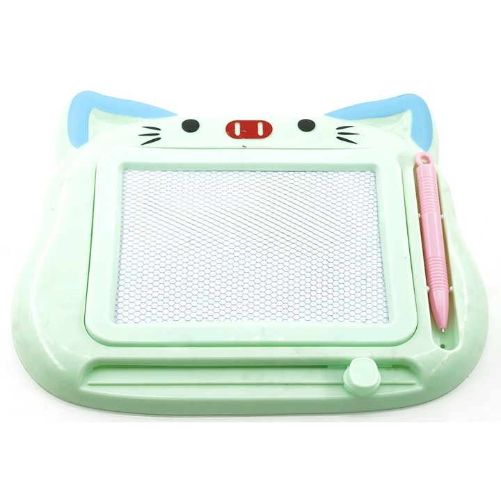 Tablita Magnetica de Scris si Desenat, Model Pisica, cu Creion, Dimensiuni 23.2x18.5 cm, Suprafata Desen 14.6x10.4 cm, Dezvolta Imaginatia si Creativitatea, Incurajeaza Exersarea Scrisului, Verde