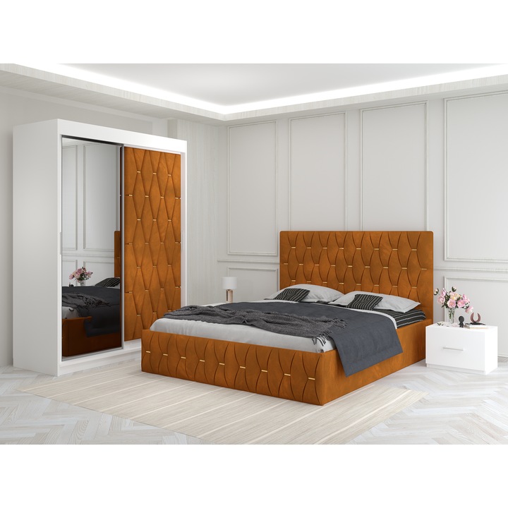 Dormitor Ana Caramiziu cu Dressing Tapitat 150x200x60 cm si Pat Tapitat 160x200