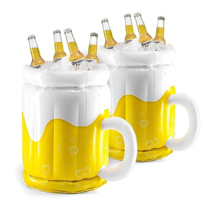 Комплект от 2 охладителя за напитки, AFKSMILE, Надуваема халба, Чаша за бира long drink, PVC с висока плътност, Издръжлив и водоустойчив, Лесен за съхранение, Идеален за релакс край басейна, джакузи, плажа или летни ваканции, 45 * 45 см, Жълт