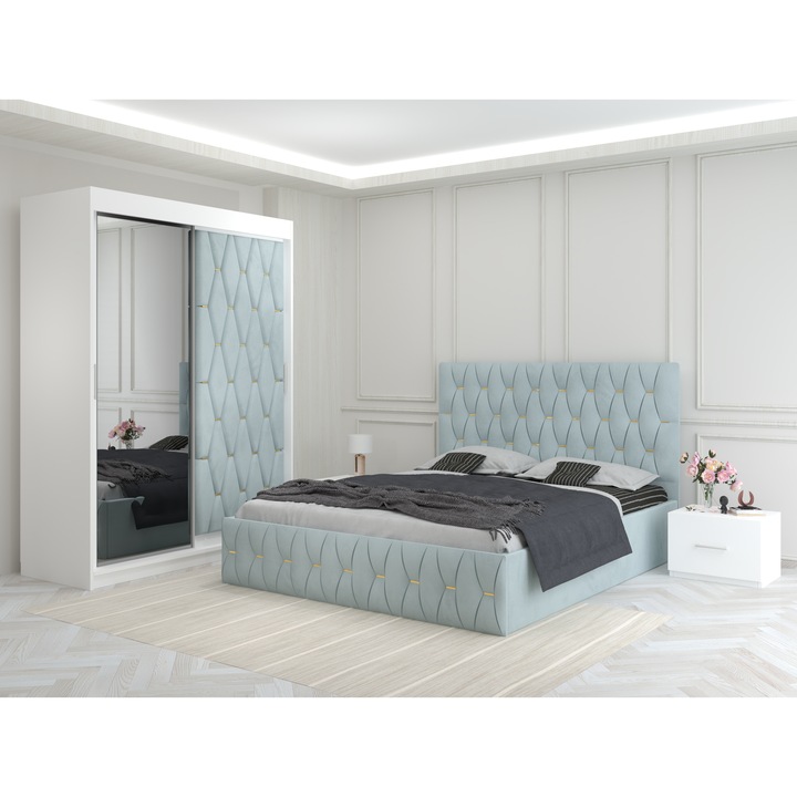 Dormitor Ana Lemon cu Dressing Tapitat 150x200x60 cm si Pat Tapitat 160x200