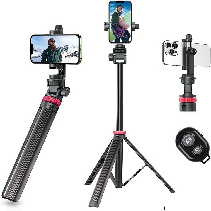 Többfunkciós szelfibot állvány, teleszkópos, 360°-ban forgatható csúszásgátló fejjel és Bluetooth távirányítóval, vízszintes/függőleges fényképekhez, élő közvetítésekhez, vlogokhoz és szabadtéri szelfikhez