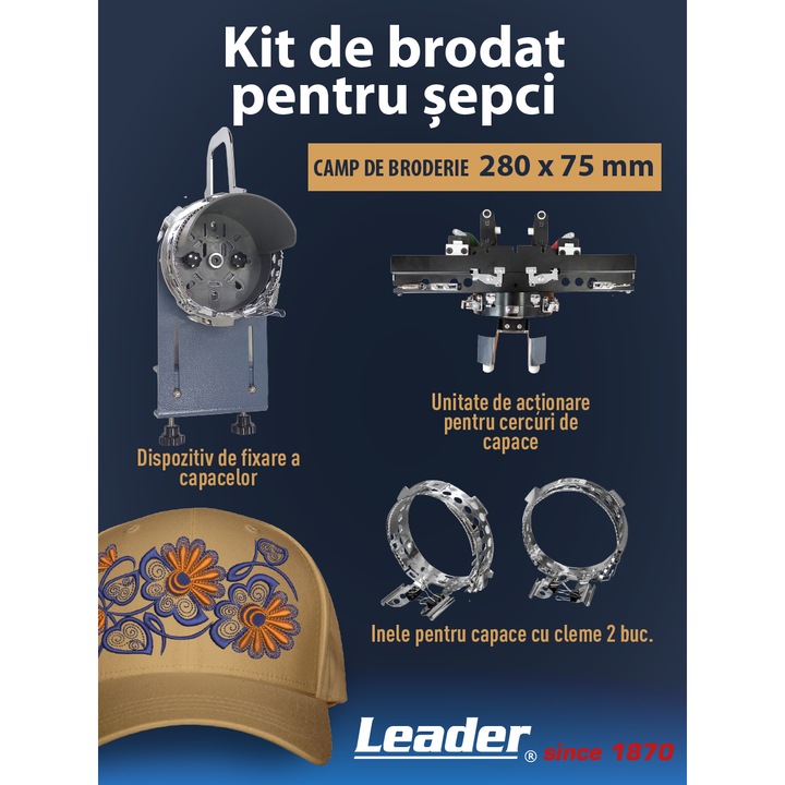 Kit de brodat sepci pentru masina de brodat industriala Leader Artmaster LE10 - Set Complet Profesional