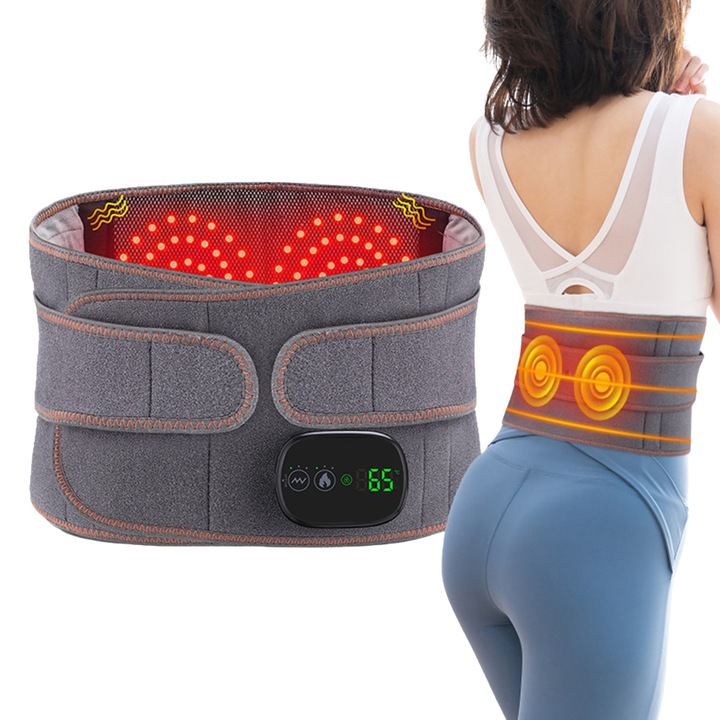Centura Masaj si Incalzire Lombar Vigaldo™, pentru Talie si Spate, Terapie cu Infrarosu, 3 Intensitati de Masaj si 3 Trepte de Caldura, Portabila, Pentru Relaxare si Dureri, Acasa sau la Birou, Gri