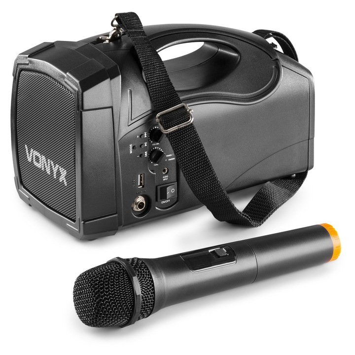 UHF kézi mikrofonos és akkumulátoros hangszóró, 30W RMS, Bluetooth/USB, Vonyx ST014